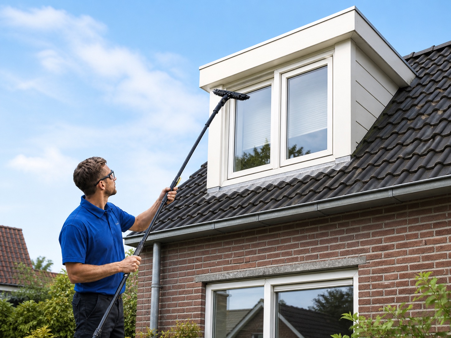 Reiniging van een dakkapel vanaf de grond met een lange telescoopstok